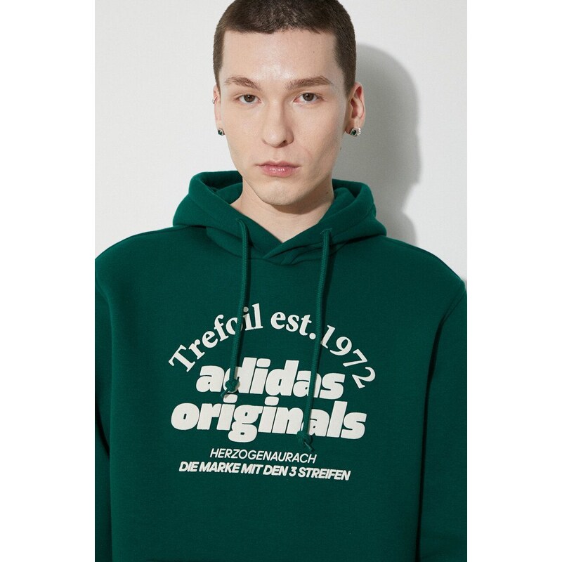 Mikina adidas Originals pánská, zelená barva, s kapucí, s potiskem, IS1412