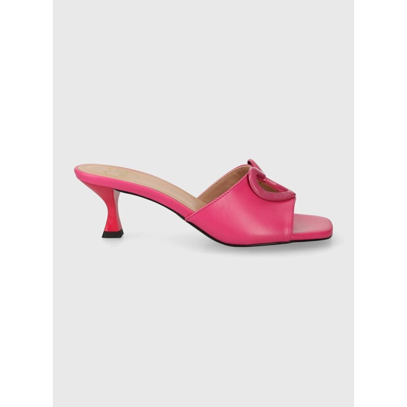 Kožené pantofle Love Moschino dámské, růžová barva, na podpatku, JA28375G0IIAX604