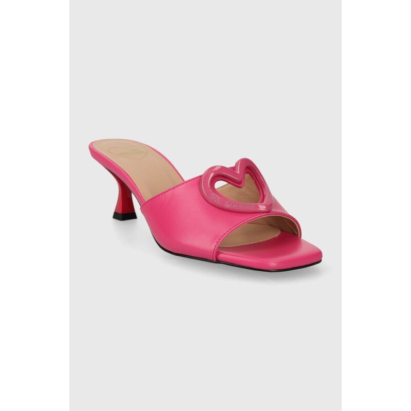Kožené pantofle Love Moschino dámské, růžová barva, na podpatku, JA28375G0IIAX604