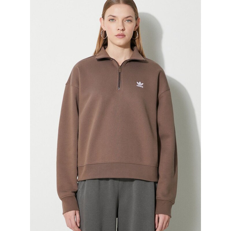 Mikina adidas Originals Essentials Halfzip Sweatshirt dámská, hnědá barva, s aplikací, IR5938