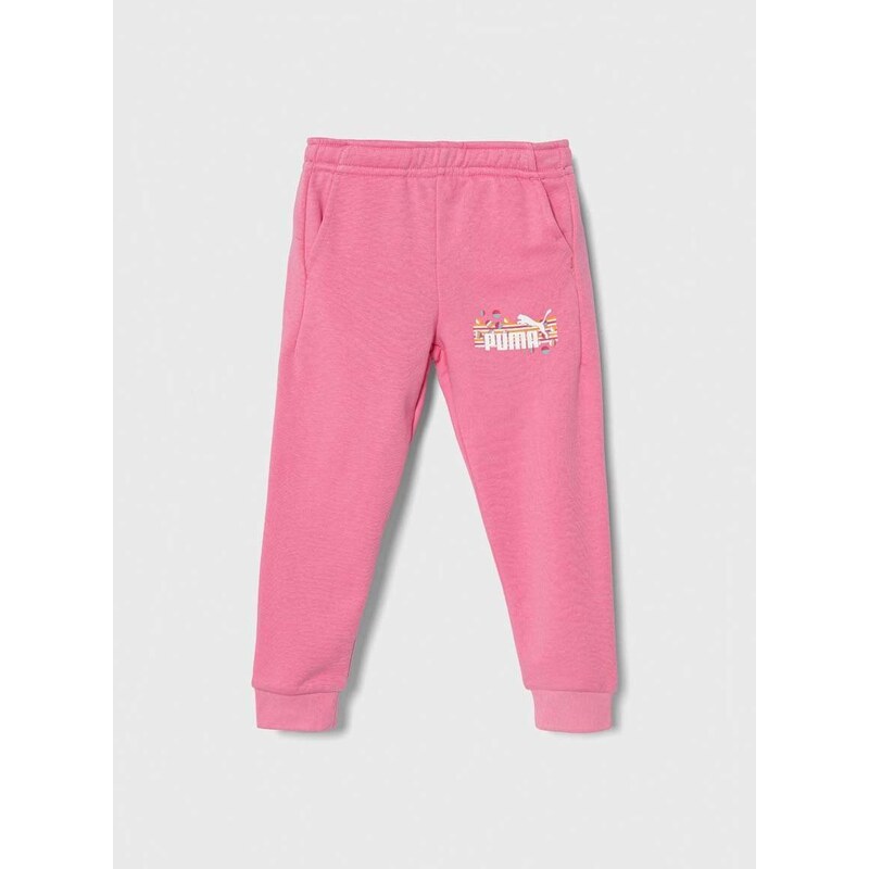 Dětské tepláky Puma ESS+ SUMMER CAMP Sweatpants TR růžová barva, s potiskem