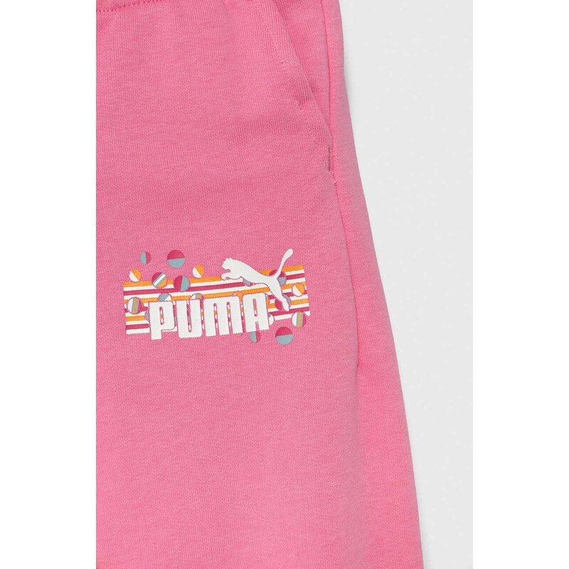 Dětské tepláky Puma ESS+ SUMMER CAMP Sweatpants TR růžová barva, s potiskem