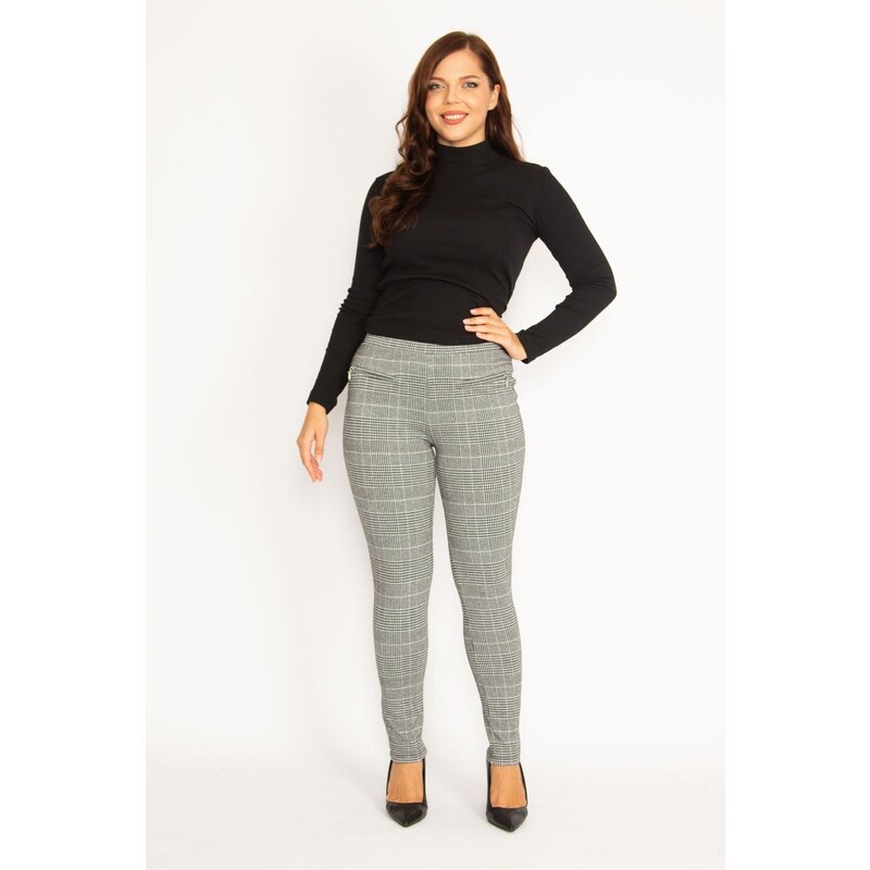 Şans Women's Plus Size Gray Plaid Patterned Leggings With Zippered Ornamental Pockets