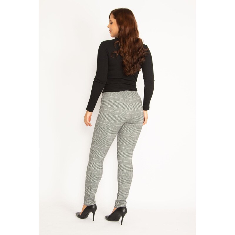 Şans Women's Plus Size Gray Plaid Patterned Leggings With Zippered Ornamental Pockets