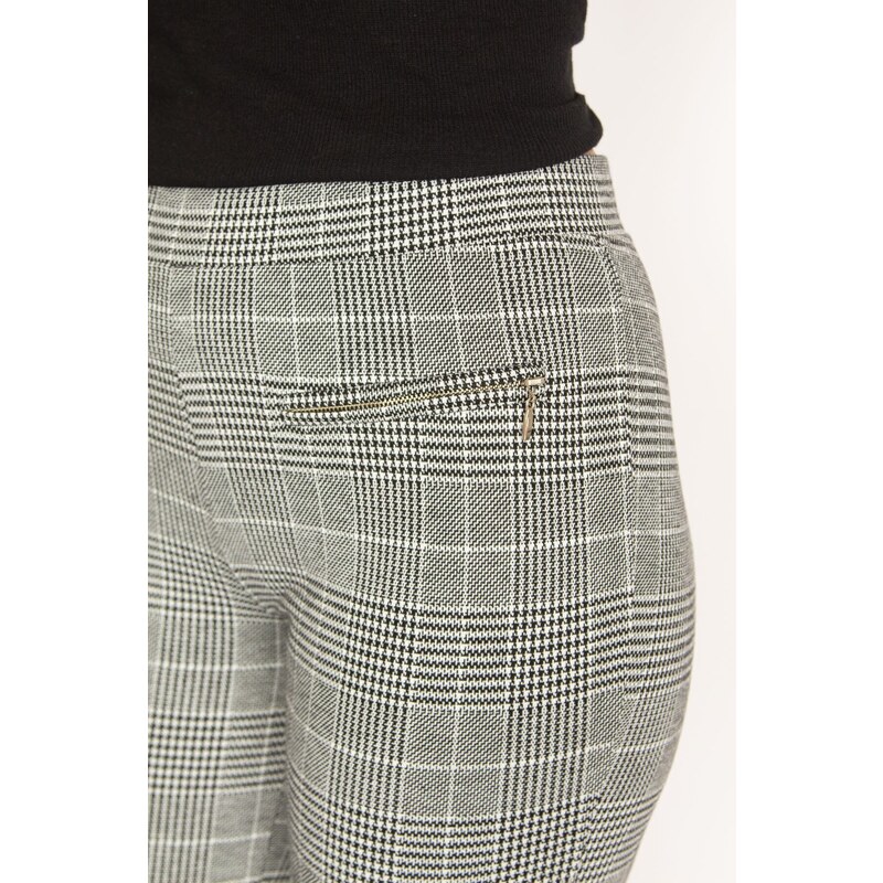 Şans Women's Plus Size Gray Plaid Patterned Leggings With Zippered Ornamental Pockets