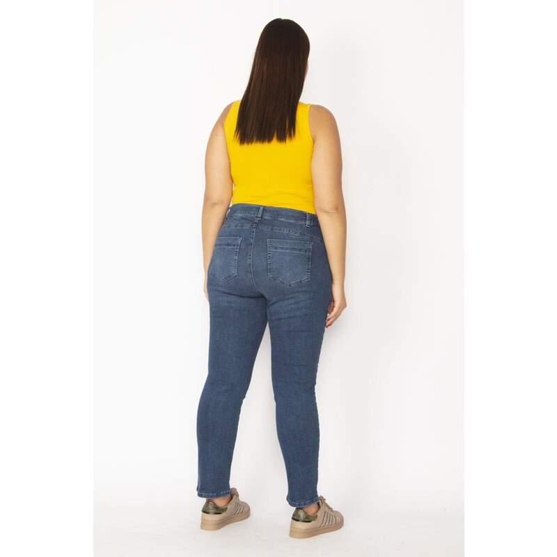 Şans Women's Plus Size Navy Blue 5-Pocket Lycra Jeans With Elastic Side Belts