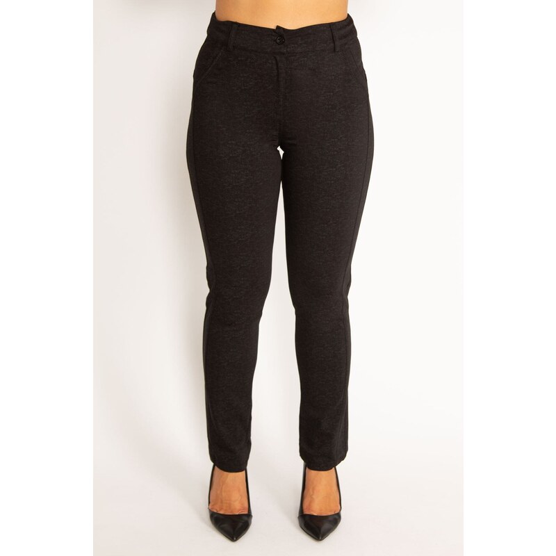 Şans Women's Plus Size Black Skinny Pants with Ornamental Pocket