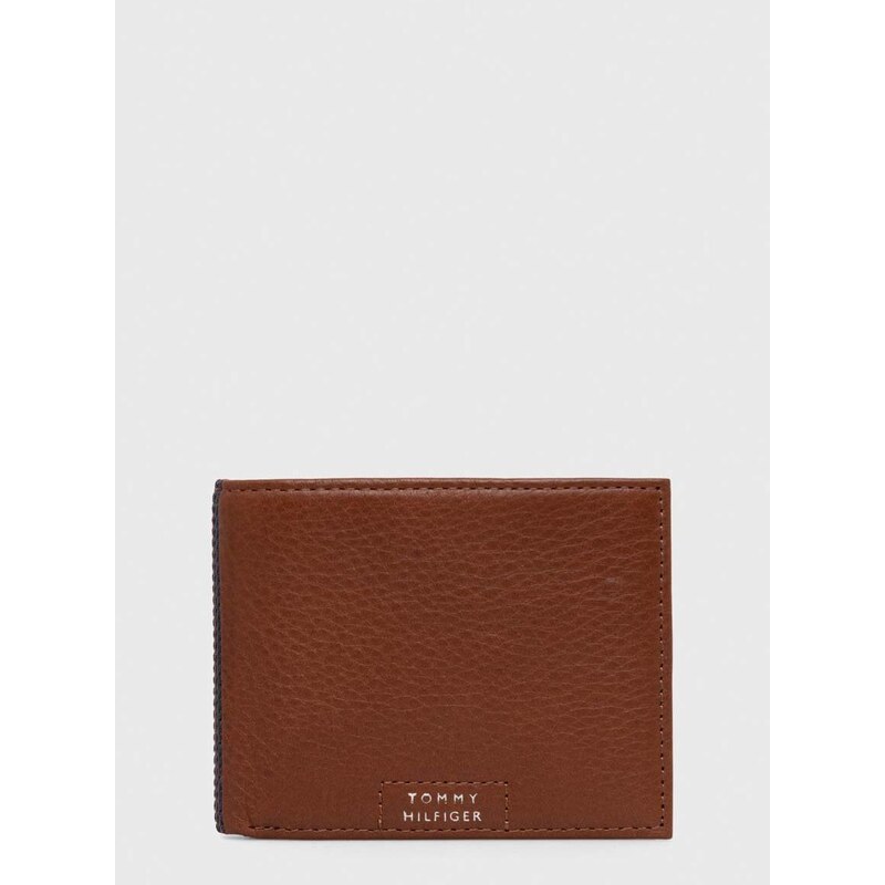 Kožená peněženka Tommy Hilfiger hnědá barva