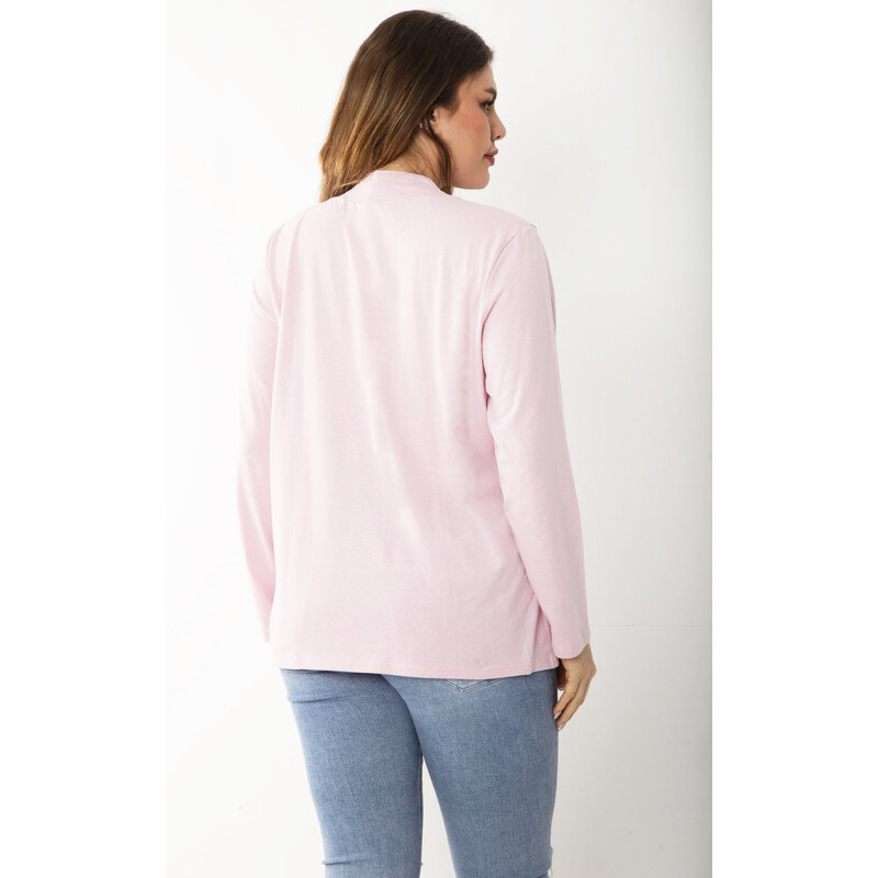 Şans Women's Plus Size Pink Cotton Fabric Zero Collar Stone Detailed Blouse