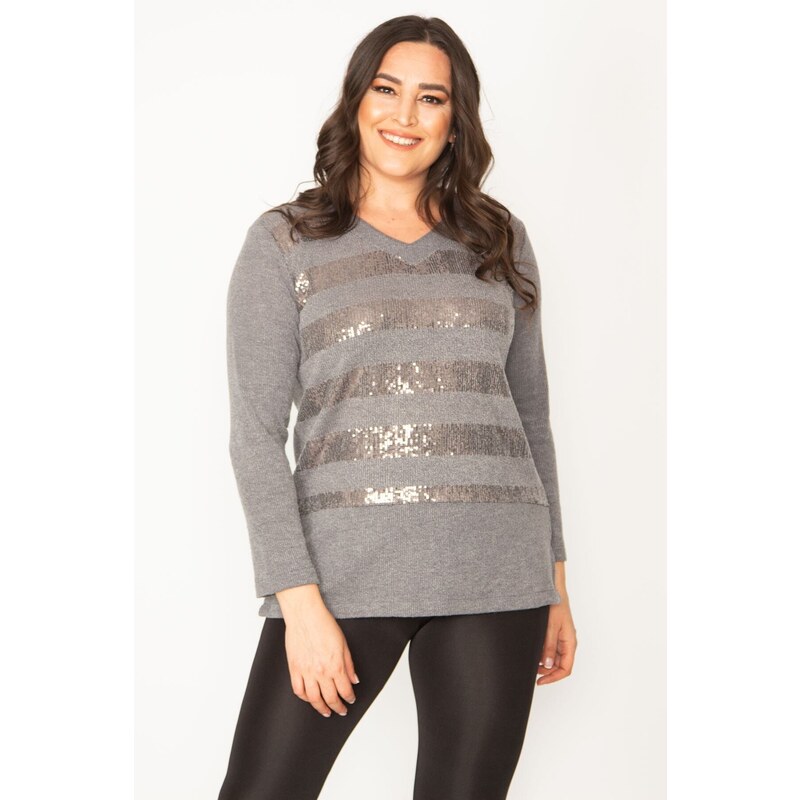 Şans Women's Plus Size Gray V-Neck Blouse with Sequin Detail