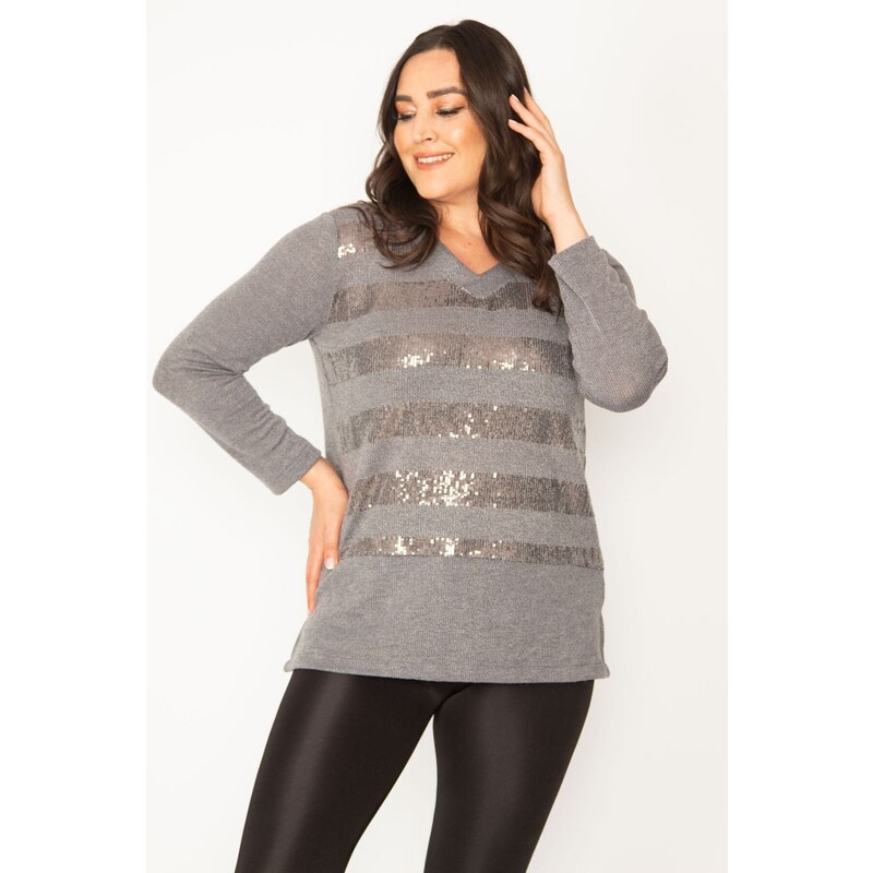 Şans Women's Plus Size Gray V-Neck Blouse with Sequin Detail