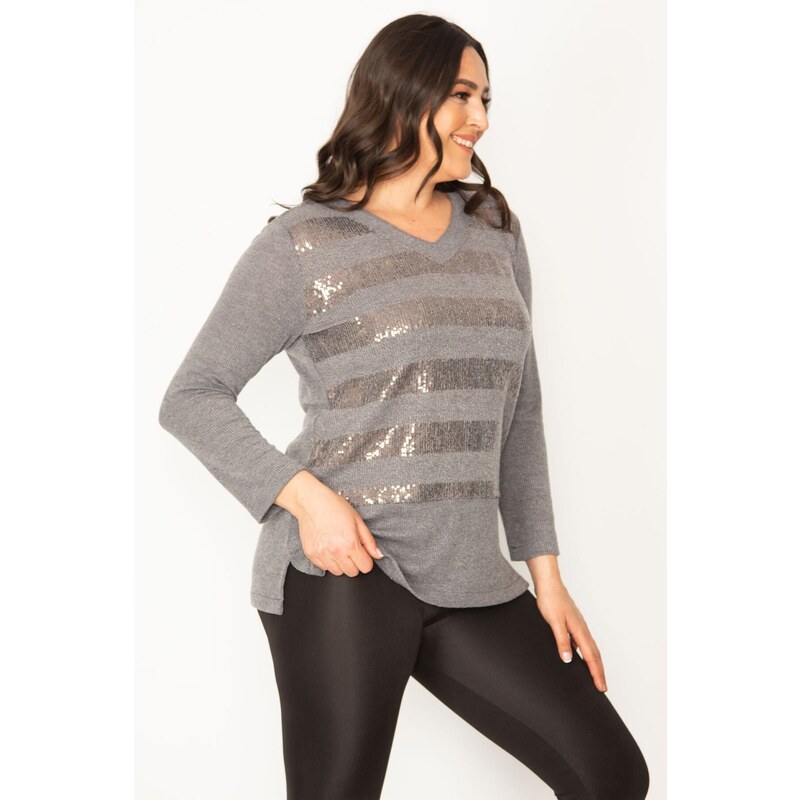 Şans Women's Plus Size Gray V-Neck Blouse with Sequin Detail