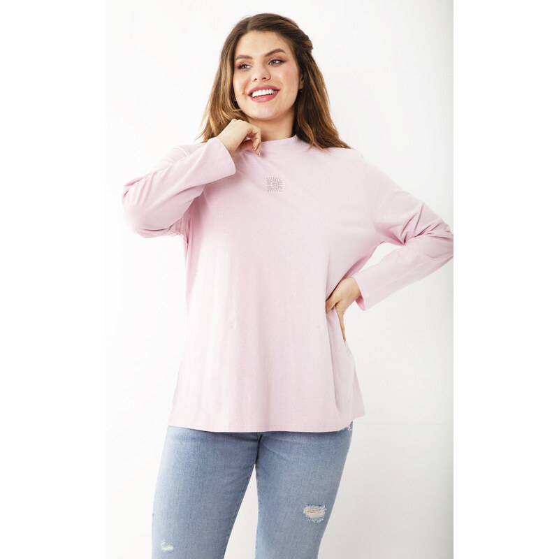 Şans Women's Plus Size Pink Cotton Fabric Zero Collar Stone Detailed Blouse