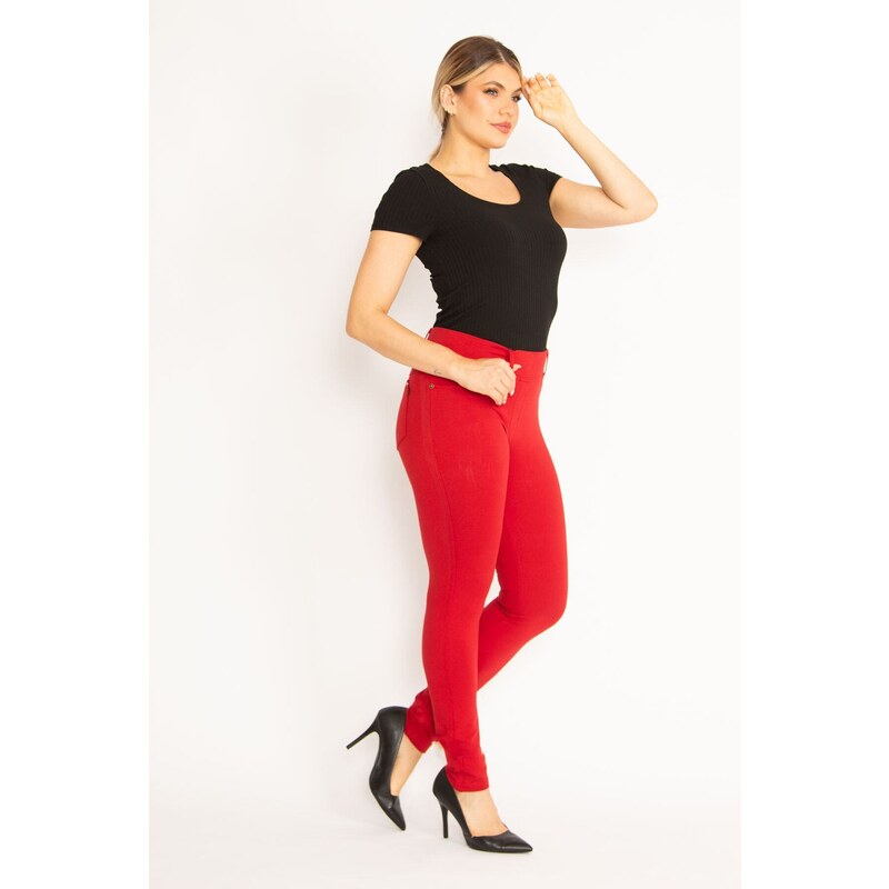 Şans Women's Plus Size Red Leggings With Trims And Back Pockets