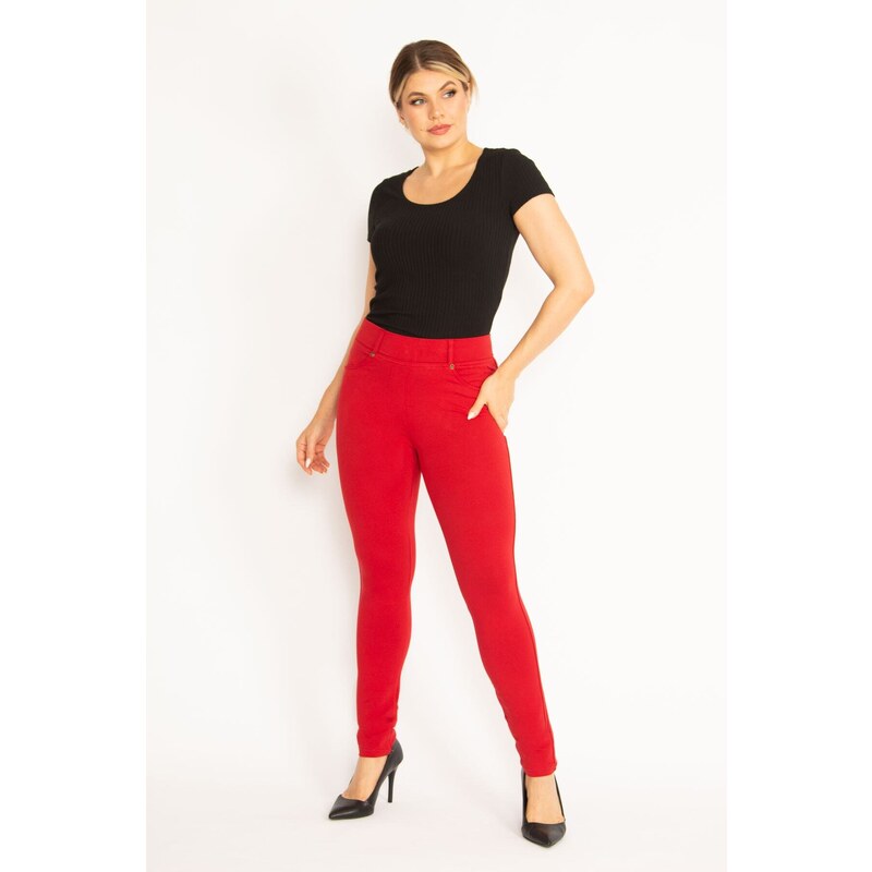 Şans Women's Plus Size Red Leggings With Trims And Back Pockets