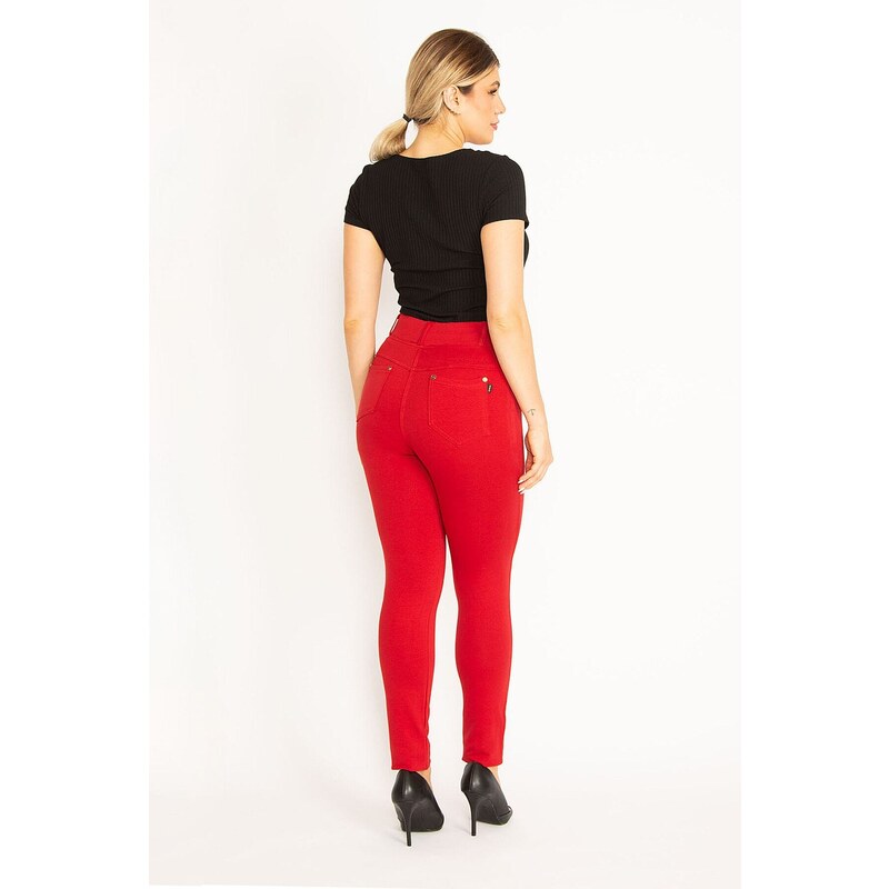 Şans Women's Plus Size Red Leggings With Trims And Back Pockets