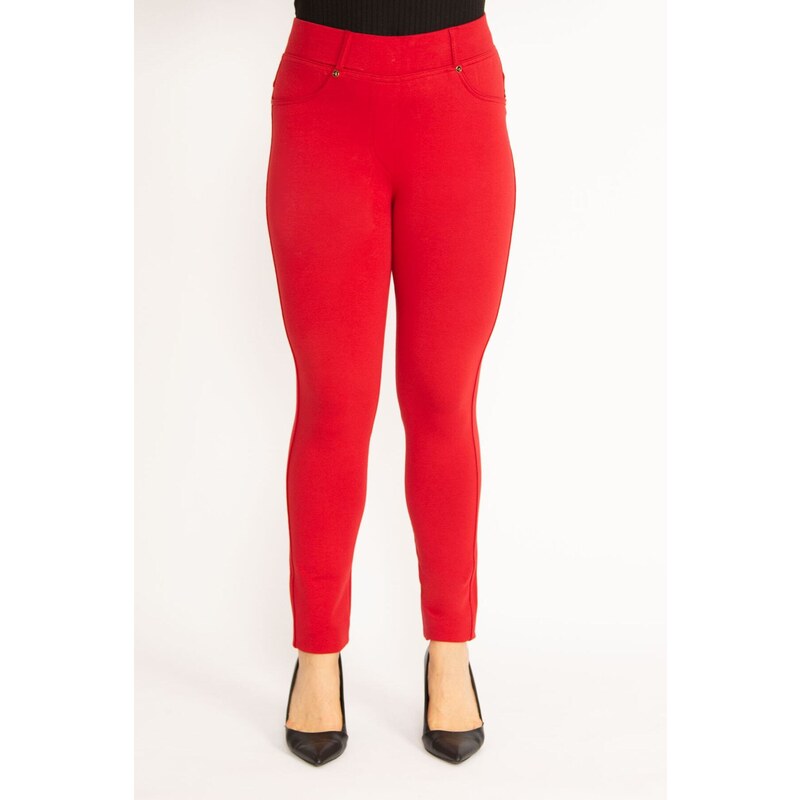 Şans Women's Plus Size Red Leggings With Trims And Back Pockets