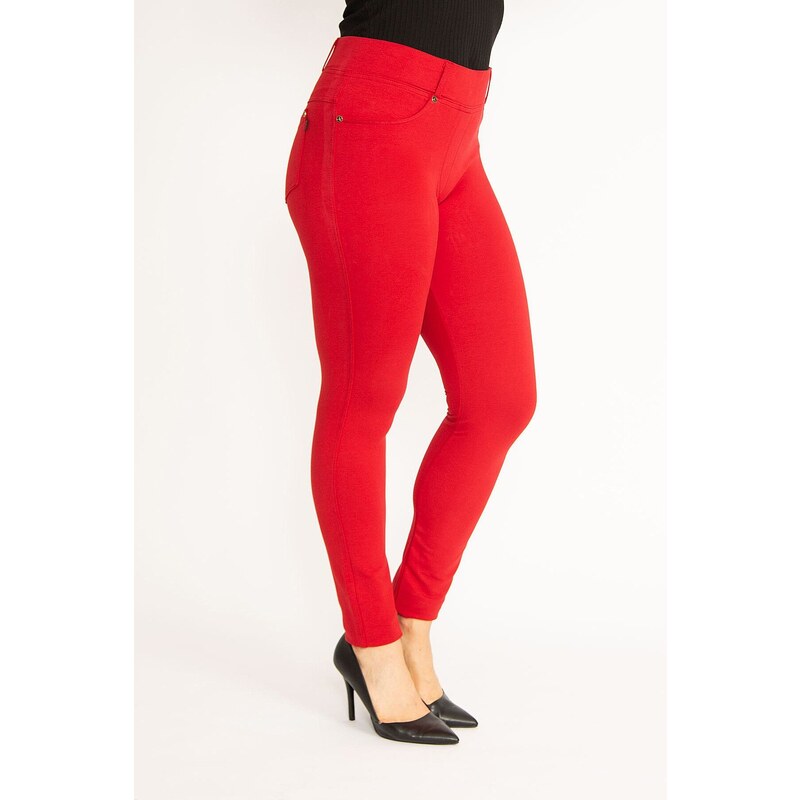 Şans Women's Plus Size Red Leggings With Trims And Back Pockets