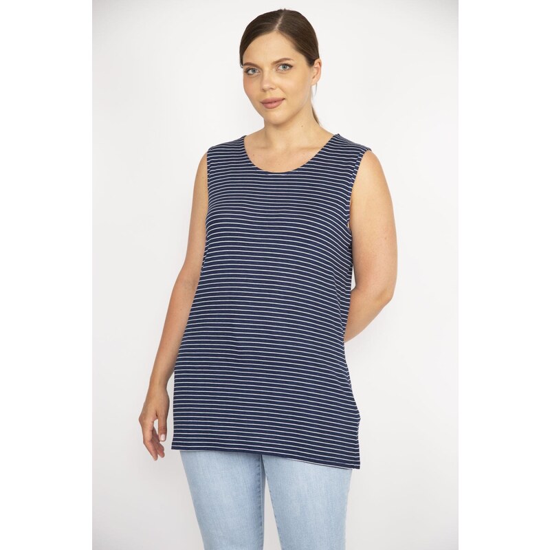 Şans Women's Navy Blue Plus Size Sleeveless Striped Lycra Viscose Blouse