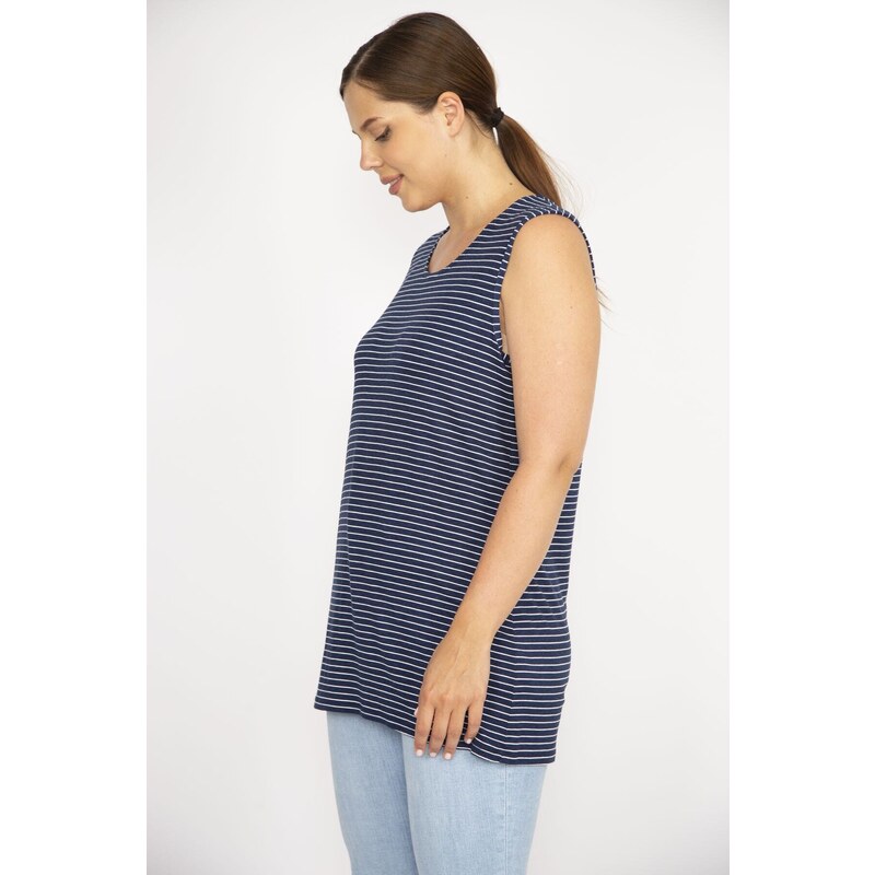 Şans Women's Navy Blue Plus Size Sleeveless Striped Lycra Viscose Blouse