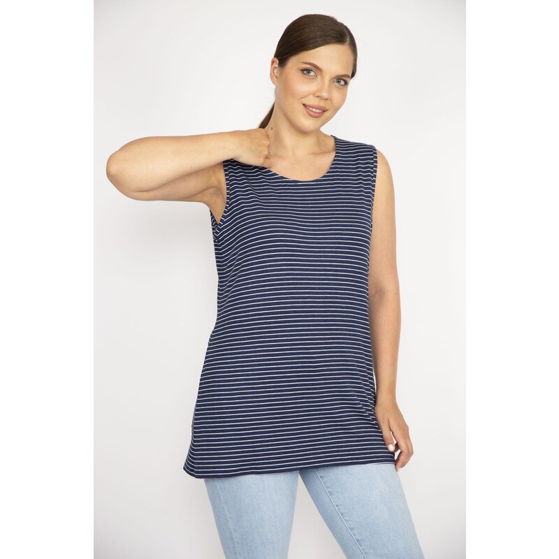 Şans Women's Navy Blue Plus Size Sleeveless Striped Lycra Viscose Blouse