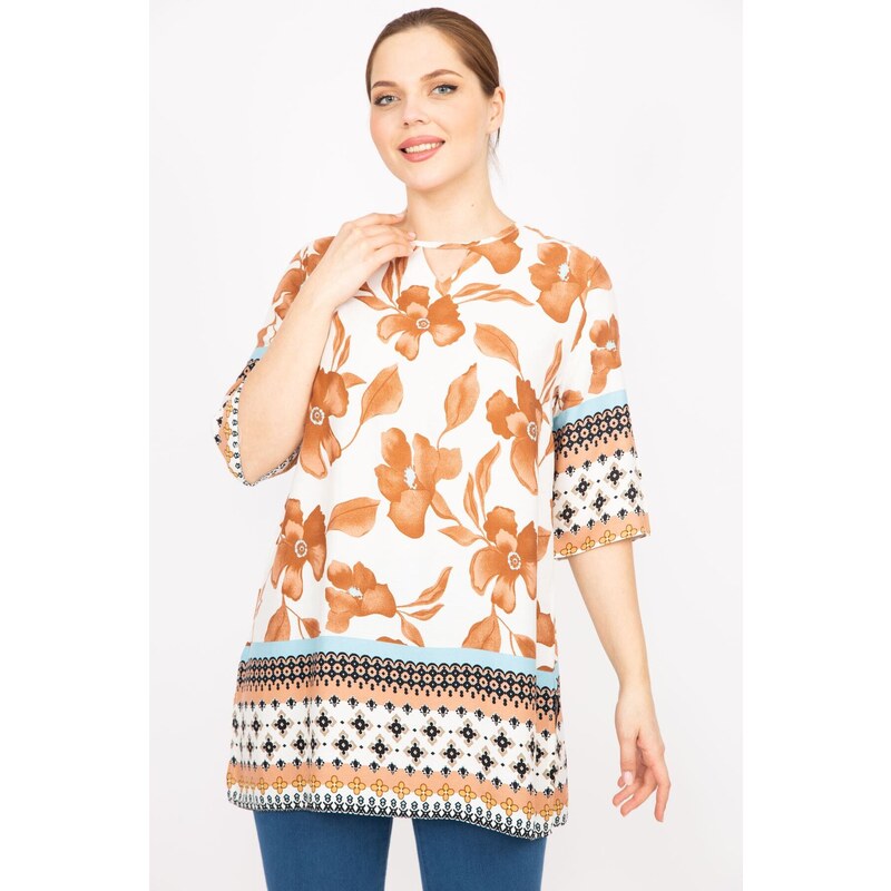 Şans Women's Camel Plus Size Woven Viscose Fabric Water Patterned Tunic