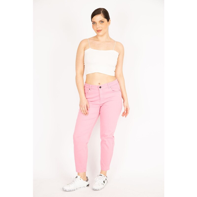 Şans Women's Pink Large Size 5 Pocket Lycra Jeans