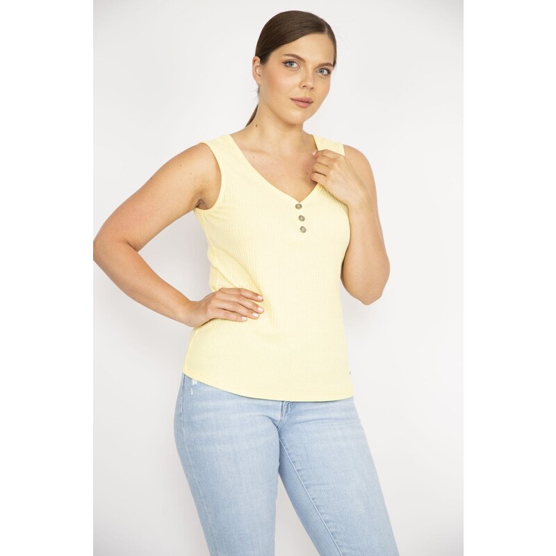 Şans Women's Yellow Plus Size V-Neck Front Decorative Buttoned Camisole Fabric Sleeveless Blouse