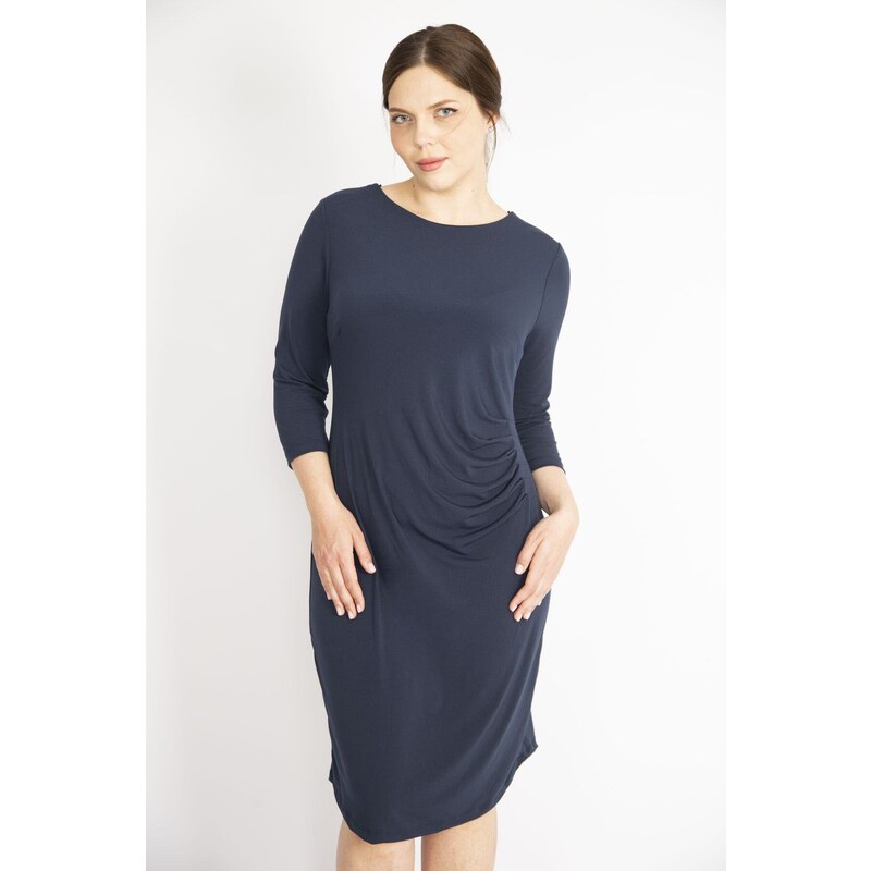 Şans Women's Navy Blue Plus Size Waist Draped Capri Sleeve Dress