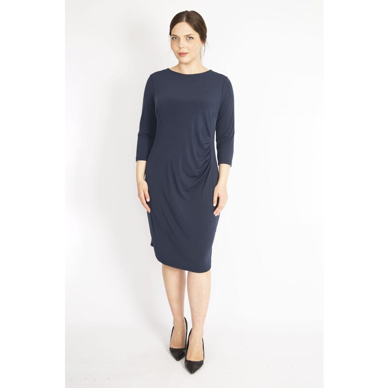 Şans Women's Navy Blue Plus Size Waist Draped Capri Sleeve Dress