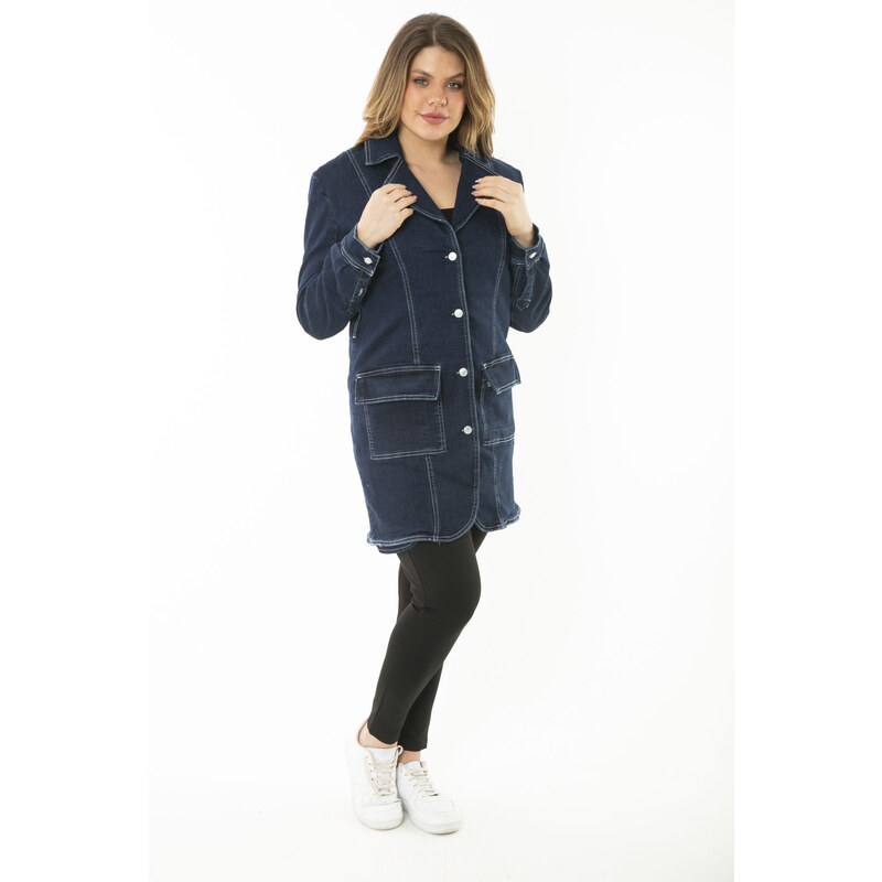 Şans Women's Plus Size Navy Blue Lycra Jeans Coat With Buttons And Pockets