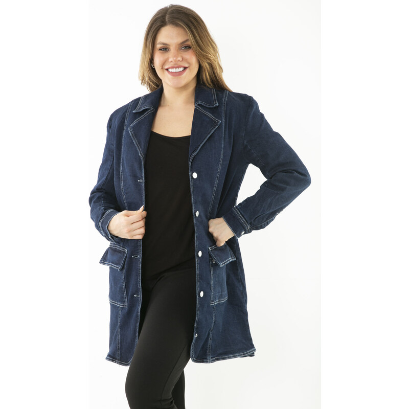 Şans Women's Plus Size Navy Blue Lycra Jeans Coat With Buttons And Pockets
