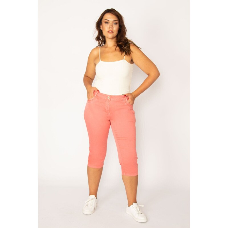 Şans Women's Large Size Dusty Rose Lycra 5 Pocket Denim Capri