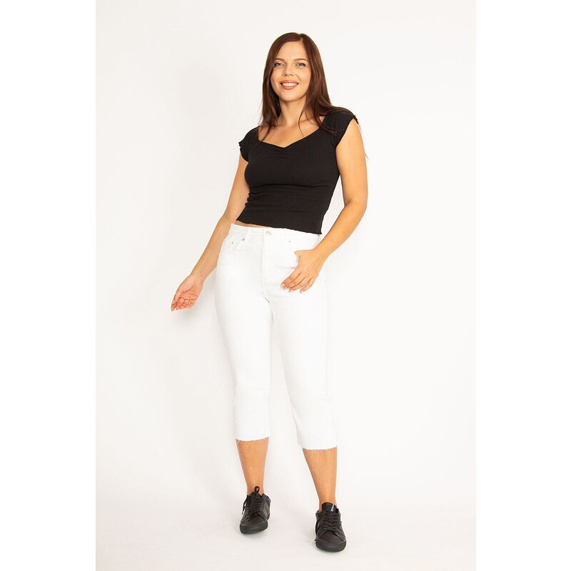 Şans Women's Plus Size White Jeans 5 Pockets with Dirty Stitching and Capri