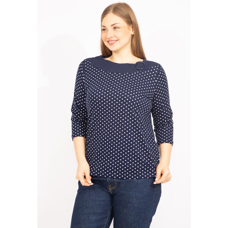 Şans Women's Navy Plus Size Cotton Fabric Points Pattern Collar Detailed Capri Sleeve Blouse