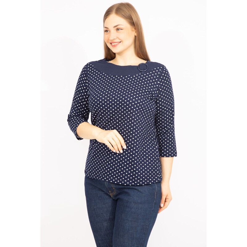 Şans Women's Navy Plus Size Cotton Fabric Points Pattern Collar Detailed Capri Sleeve Blouse