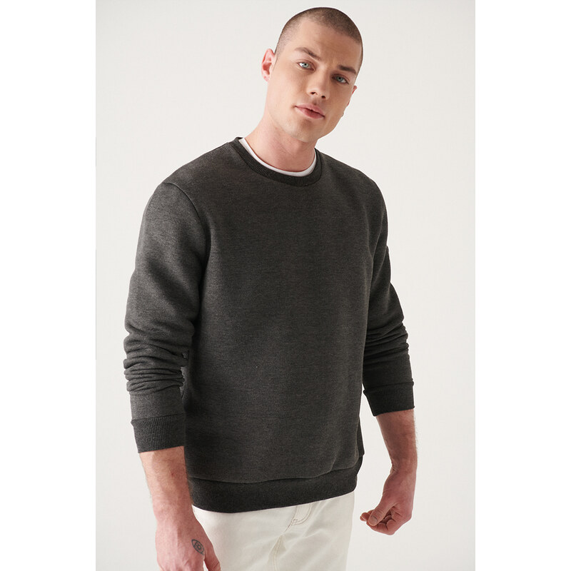 Avva Men's Anthracite Crew Neck 3 Thread Fleece Printed Regular Fit Sweatshirt