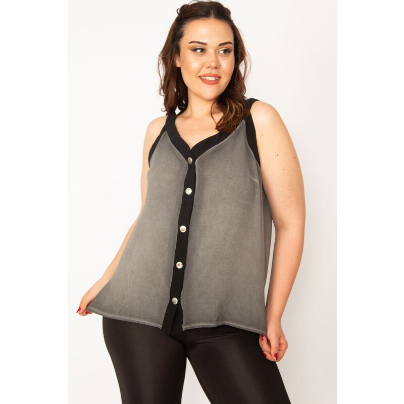 Şans Women's Plus Size Smoked Smoked Dirty Wash Push-Up Metal Button Pile Detailed Blouse