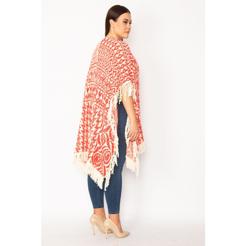 Şans Women's Plus Size Red Shawl Pattern Thick Knitwear Poncho With Tassel And Shimmer Detail