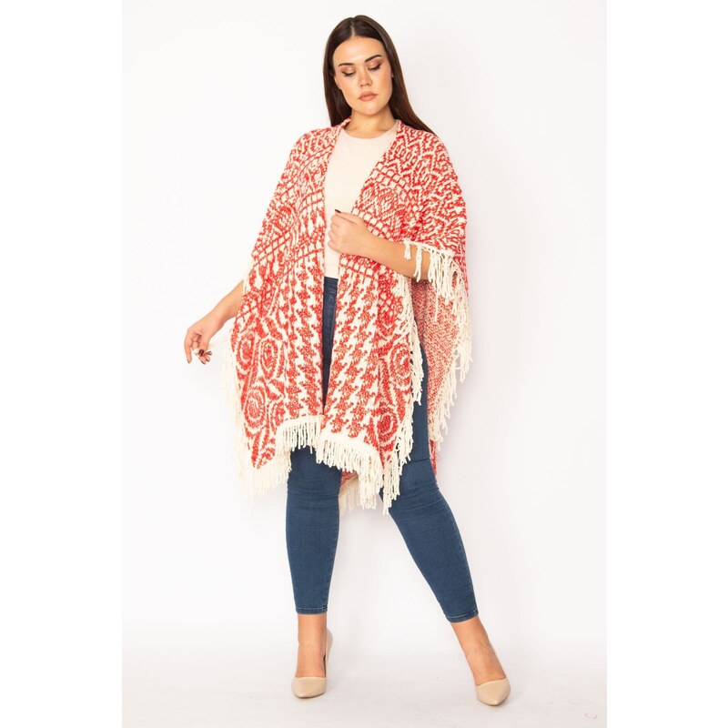 Şans Women's Plus Size Red Shawl Pattern Thick Knitwear Poncho With Tassel And Shimmer Detail
