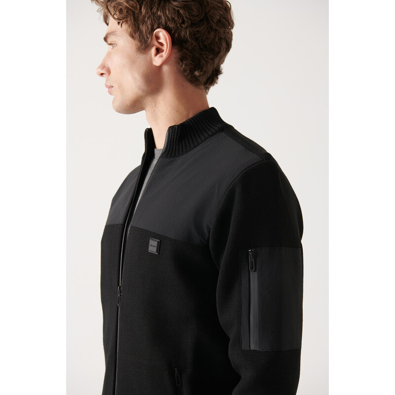 Avva Men's Black Wool Blended Parachute Fabric Detailed Zippered Standard Fit Regular Cut Cardigan Coat