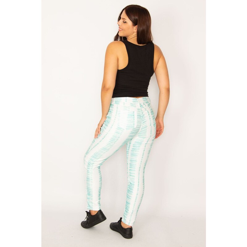 Şans Women's Plus Size Green Tie Dye Patterned Lycra 5-Pocket Jeans Trousers