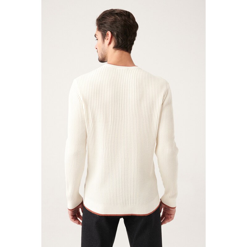 Avva Men's Ecru Crew Neck Hair Braided Regular Fit Knitwear