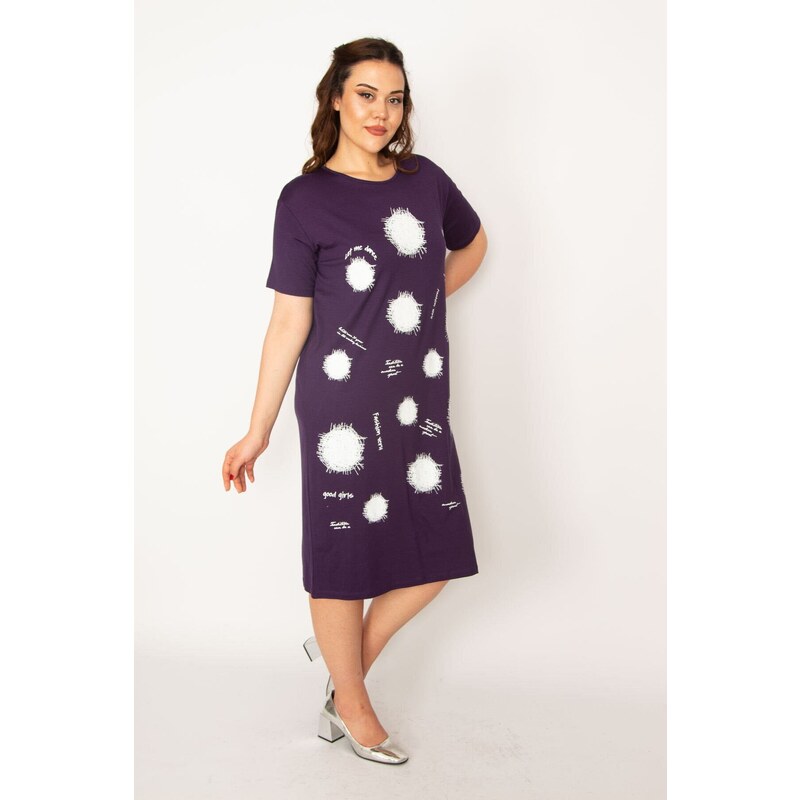 Şans Women's Plus Size Plum Viscose Dress with Front Print