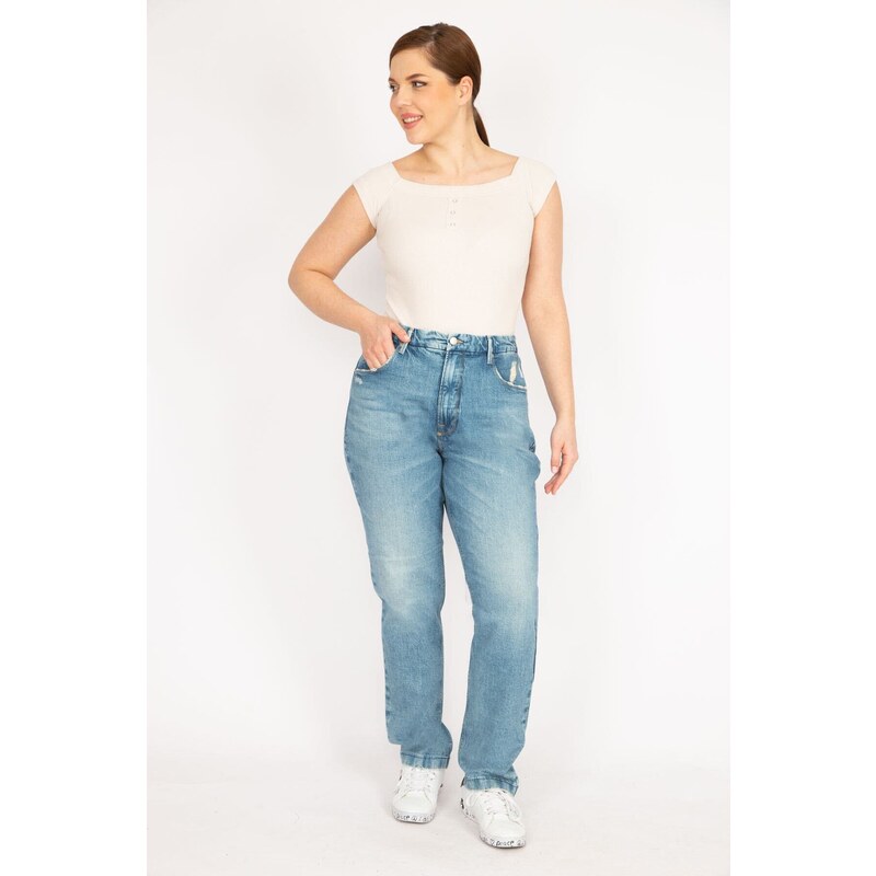 Şans Women's Blue Large Size Pocket Ripped Detailed Jeans