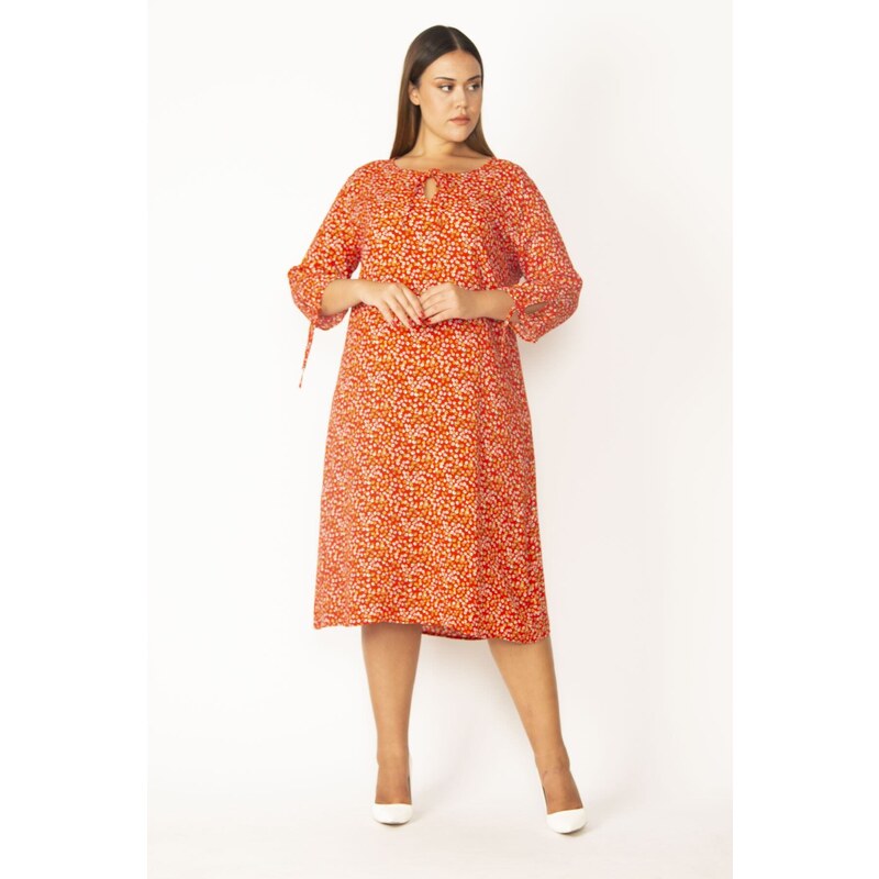 Şans Women's Red Collar And Sleeves With Lace Detail, Woven Viscose Fabric Crispy Patterned Dress