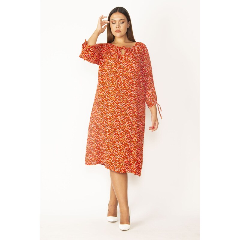 Şans Women's Red Collar And Sleeves With Lace Detail, Woven Viscose Fabric Crispy Patterned Dress