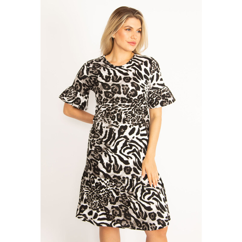 Şans Women's Plus Size Leopard Sleeves Layered Hem Dress