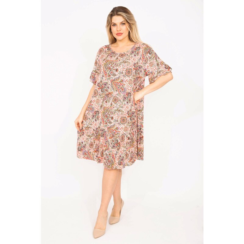 Şans Women's Plus Size Colorful Dress with Layered Hem and Ruffled Arms