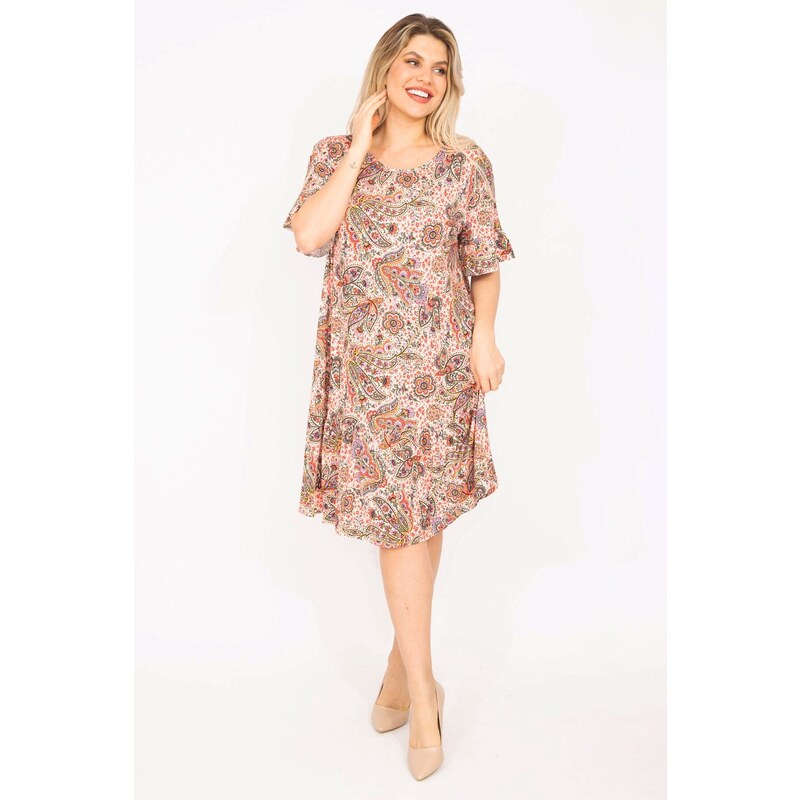 Şans Women's Plus Size Colorful Dress with Layered Hem and Ruffled Arms